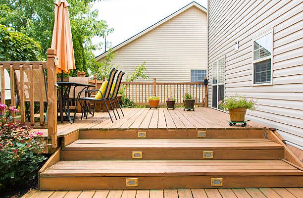 Patio and garden of family home at summer