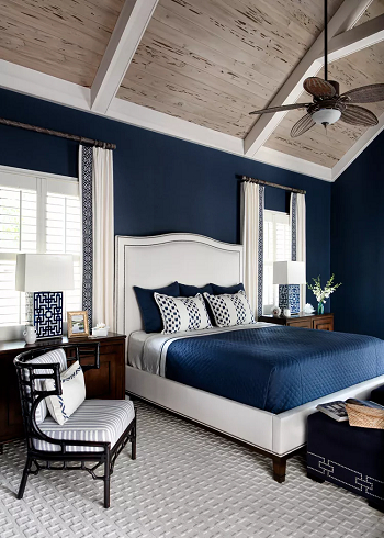 Dramatic navy blue and wood Wanted Two Color Combination Ideas For Double Impact Bedroom Wall