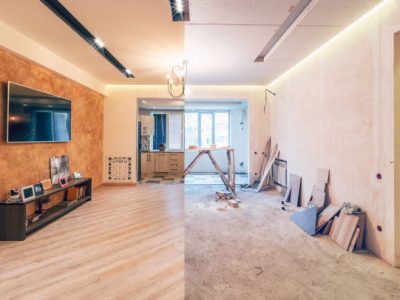 Modern interior design of big living-kitchen studio room, before and after