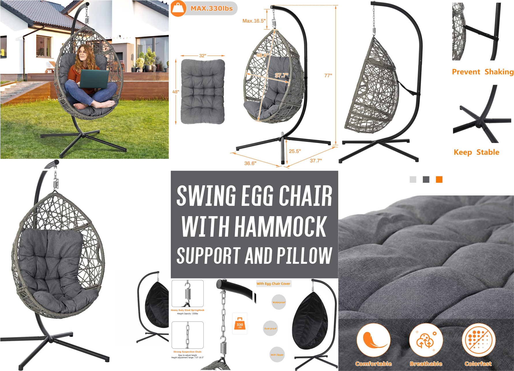 Swing egg chair with hammock support and pillow