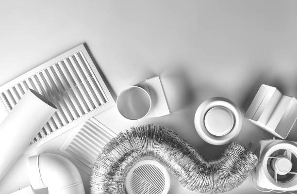 Ventilation system components on white background top view