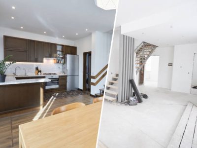 Home renovation concept. before and after interior in modern style