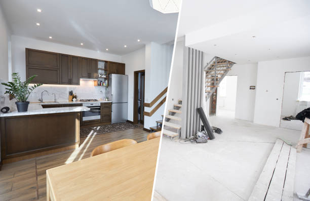 Home renovation concept. before and after interior in modern style