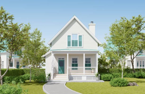 3d rendering of modern suburban house in the garden.