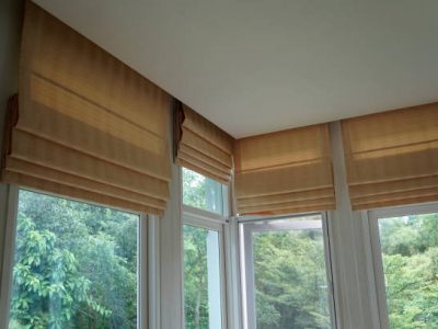 Brown blind shade curtain and shadow tree forest mountain background