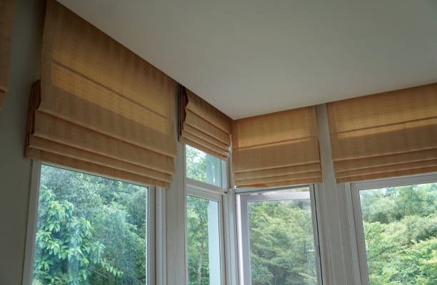 Brown blind shade curtain and shadow tree forest mountain background