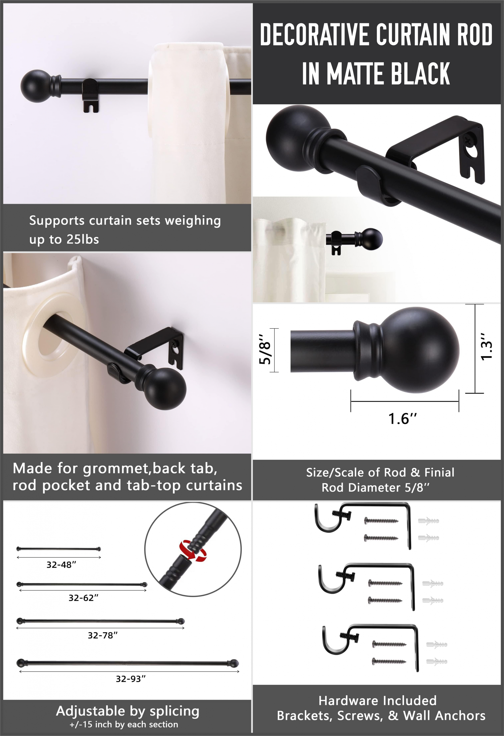 Decorative curtain rod in matte black
