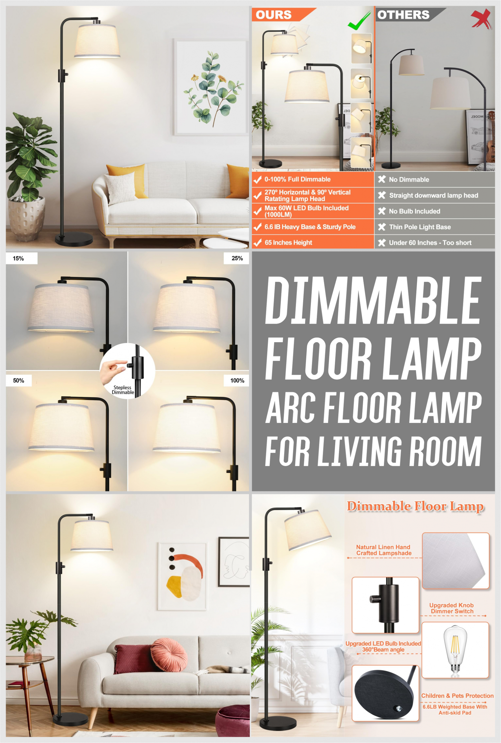 Dimmable floor lamp, arc floor lamp for living room.