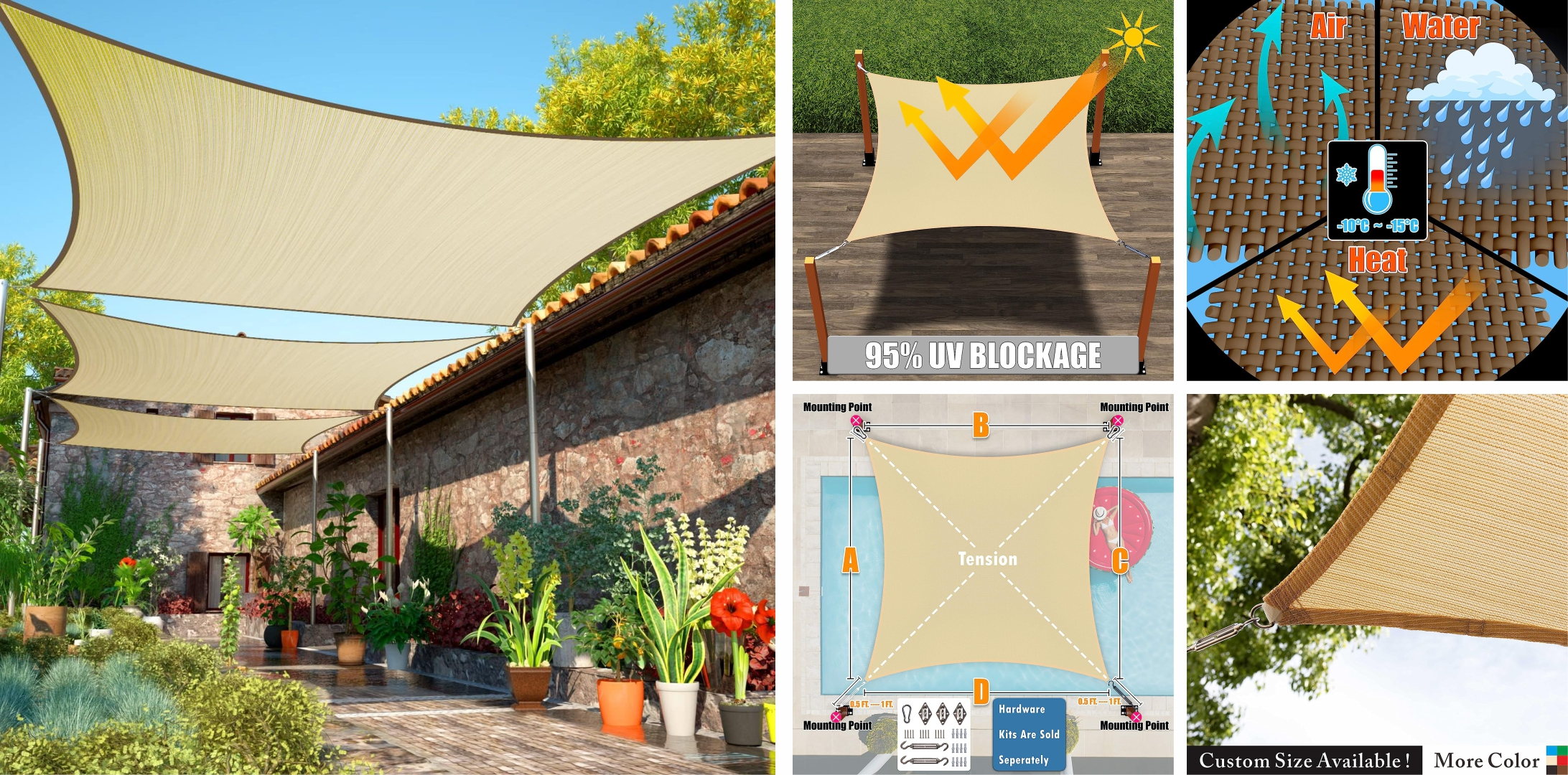 Sun shade sail rectangle canopy fabric cloth screen