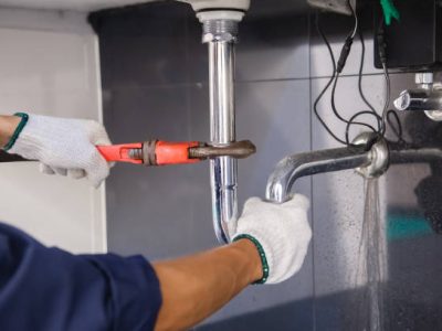 Plumber fixing white sink pipe with adjustable wrench.