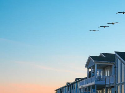 A small flock of pelicans fly over beach houses at dusk.