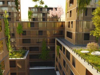 High angle view of a sustainable green office or housing complex