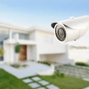 Three quarter view of varifocal surveillance camera, with a house on background