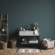 Dark green rustic bathroom, wall mock up, 3d render