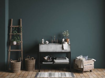 Dark green rustic bathroom, wall mock up, 3d render
