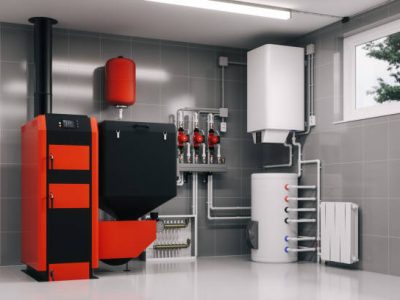 Boiler system in a basement.