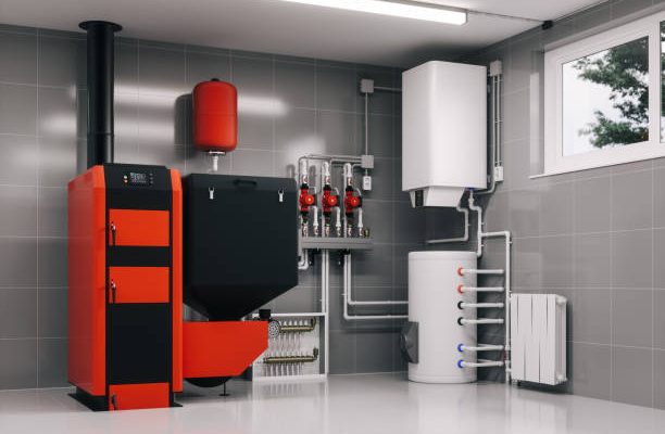 Boiler system in a basement.