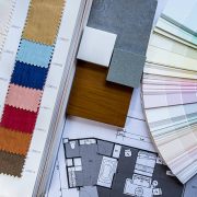 Interior illustration sketch with material color scheme concept on white table