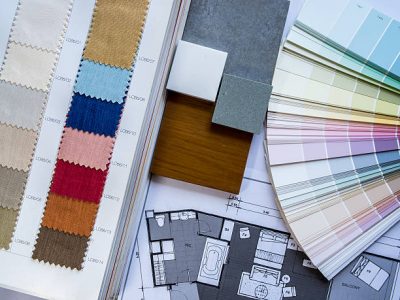 Interior illustration sketch with material color scheme concept on white table