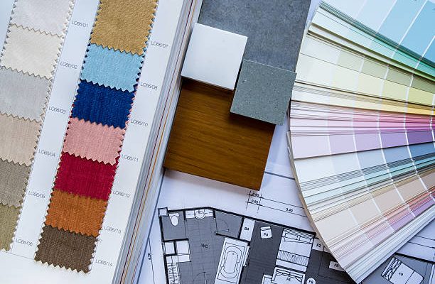 Interior illustration sketch with material color scheme concept on white table