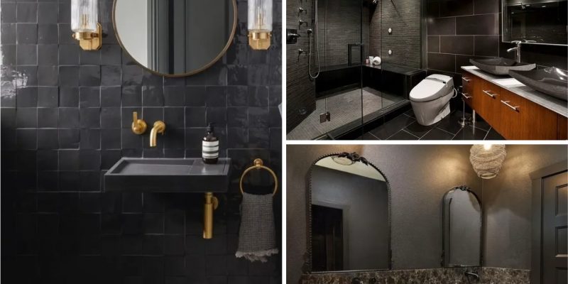 Stylish and modern bathroom decorations with black walls
