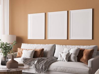 Poster frame mock-up in home interior, living room in beige and white colors