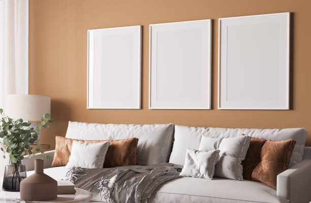 Poster frame mock-up in home interior, living room in beige and white colors