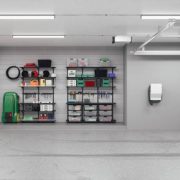 Interior of an empty modern residential garage with ev charger.