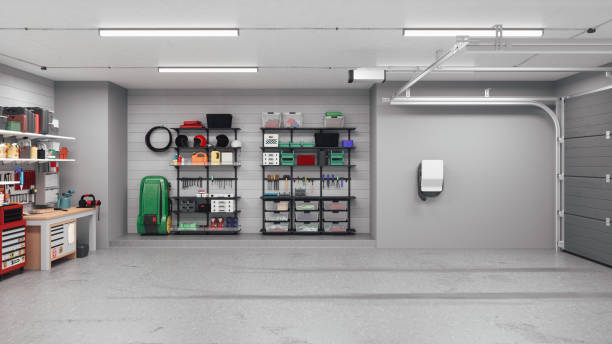 Interior of an empty modern residential garage with ev charger.