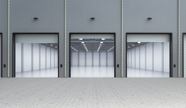 3d rendering interior empty factory with open shutter door