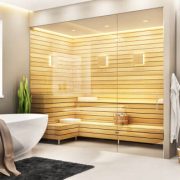 Beautiful bathroom with white bath and sauna and shower in a modern home
