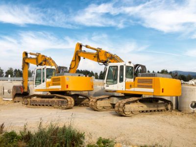 Yellow excavators on highway construction s7 near rdzawka, poland