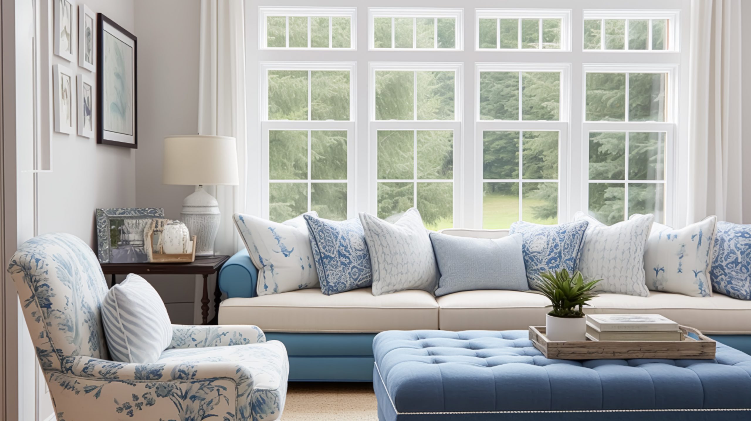 Interior design, living room decor and house improvement, furniture, sofa, home decor, white and blue textiles, country cottage lounge style, generative ai