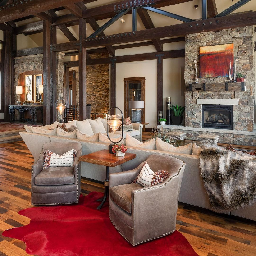 Stone accent in mountain home decor through stone fireplace