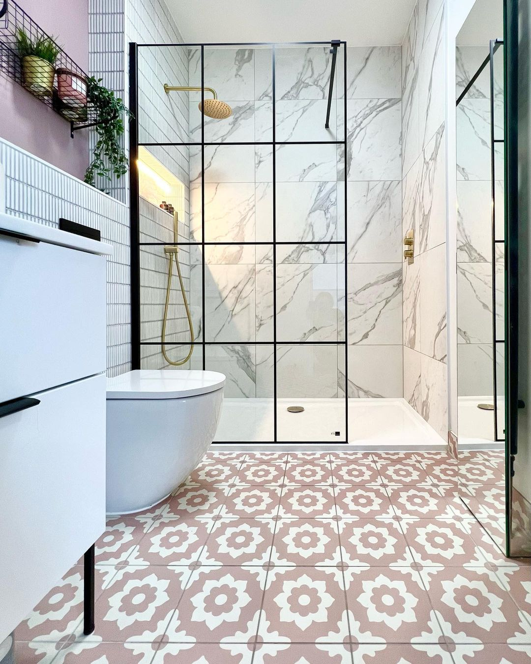 Patterned tiles in pink floral design