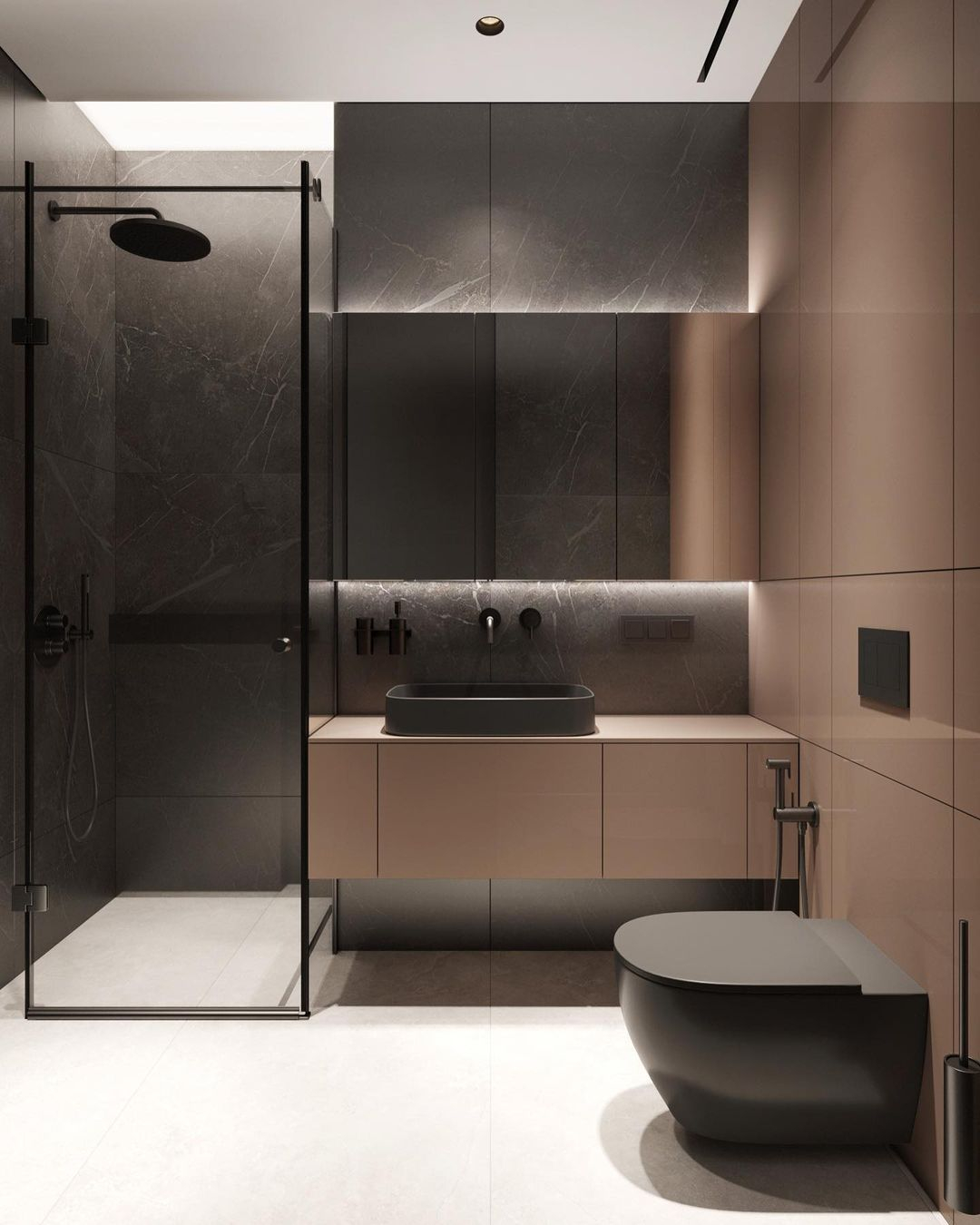All of the fixtures and fittings are in black color. You can see it for the toilet, sink, shower faucet, and even the toilet brush.