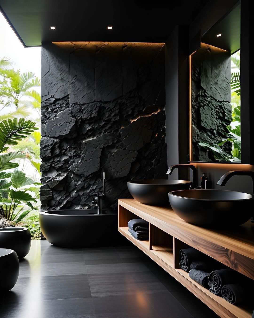 The sink and bathtub are designed to be in a sleek round shape with black as the full covered color. 