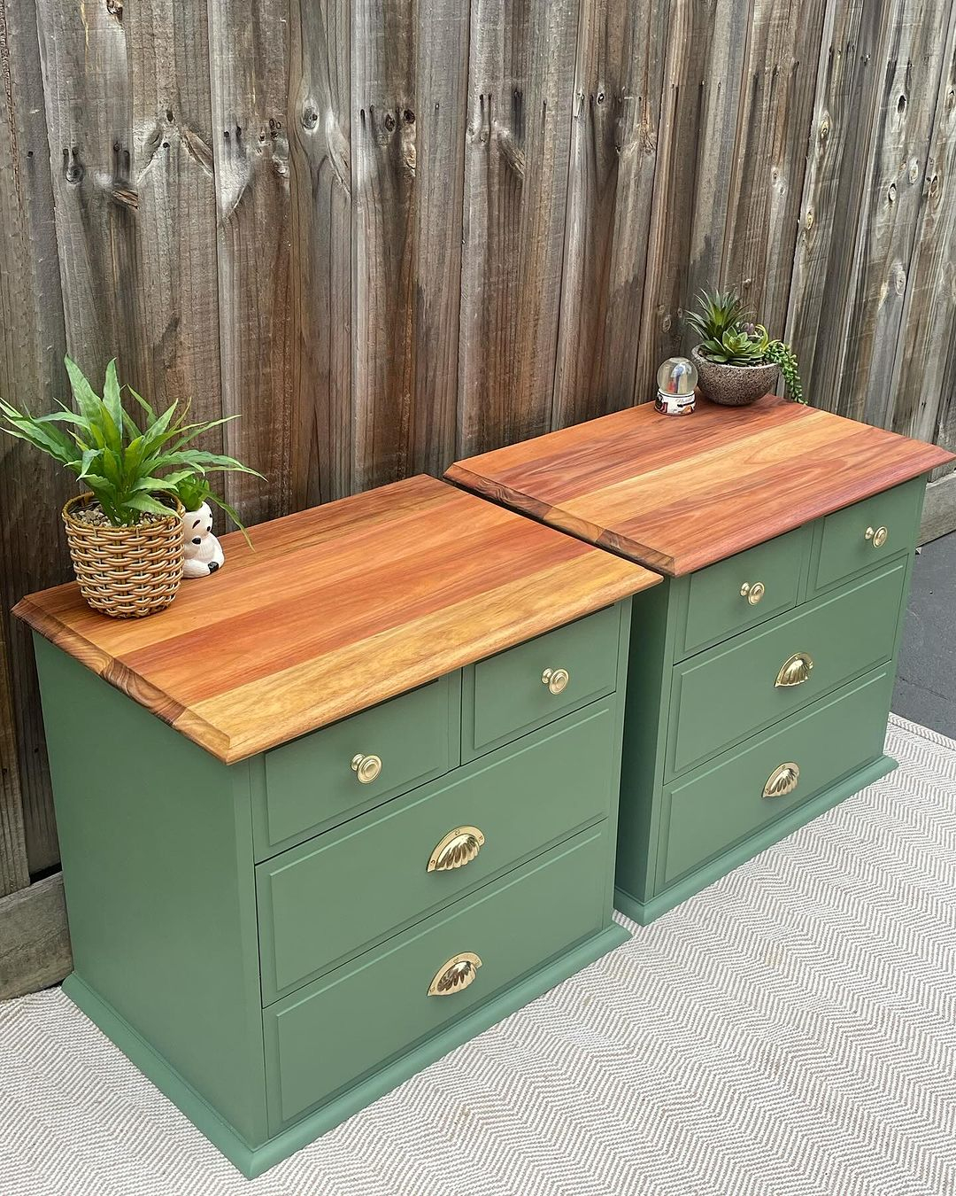 Painted small console table in green and natural wood color.