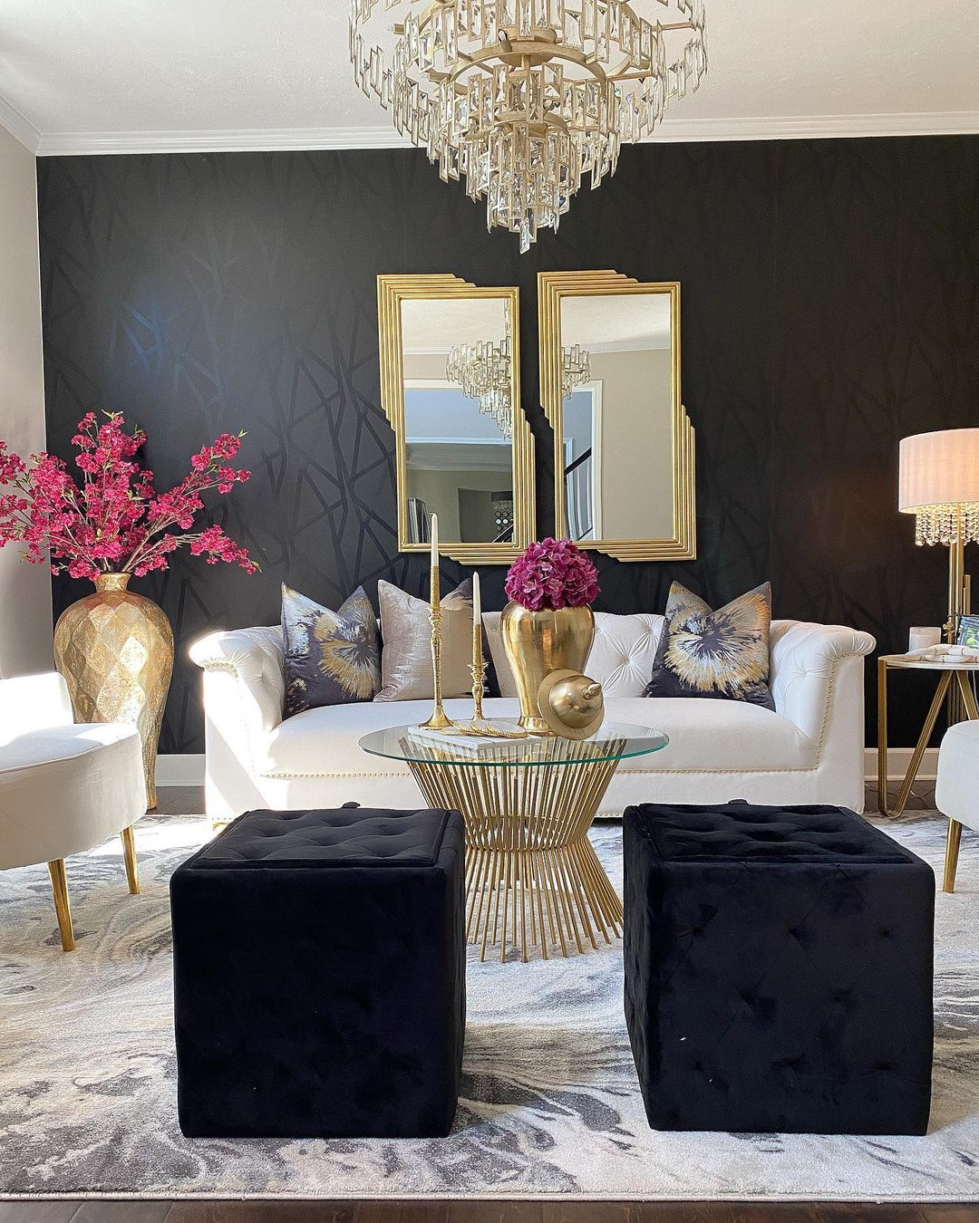 Gold accents in the black and neutral living room