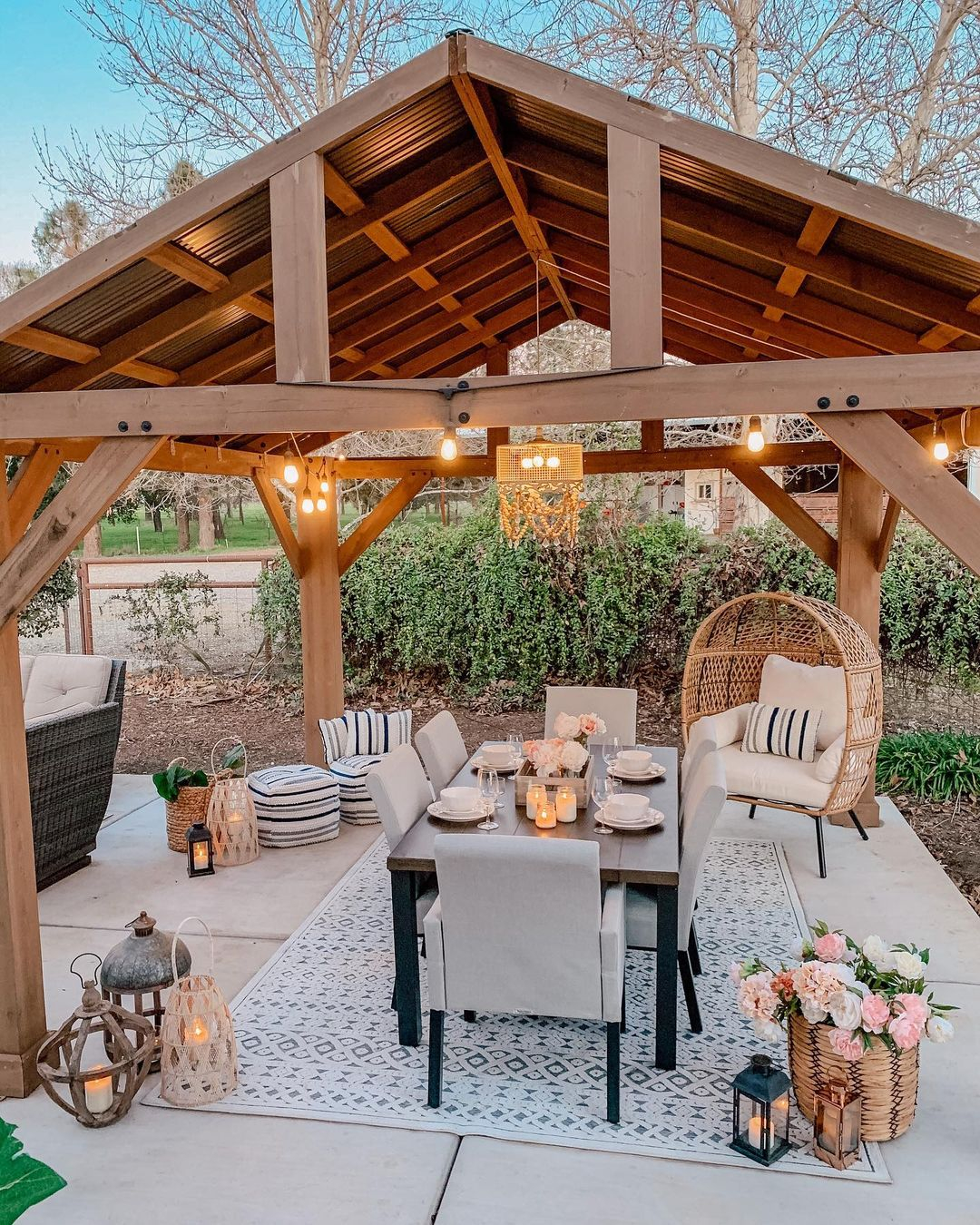 The dining set is located in the center of the patio. However, it doesn't mean that this patio doesn't have another seating area.