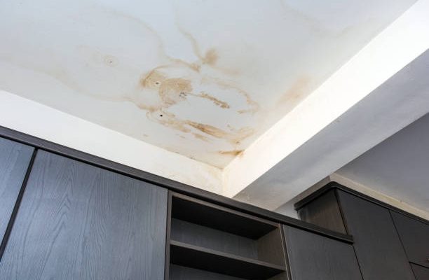 Roof leakage, water dameged ceiling roof and stain on ceiling close-up