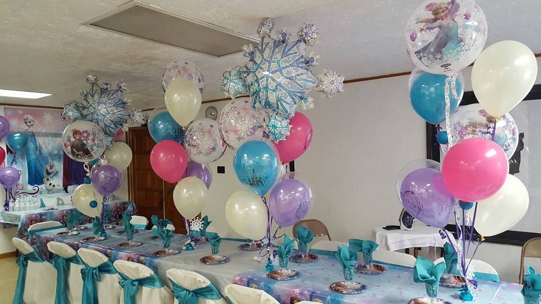 This birthday decor theme is 'Frozen'. You can see from the character pattern being applied there.