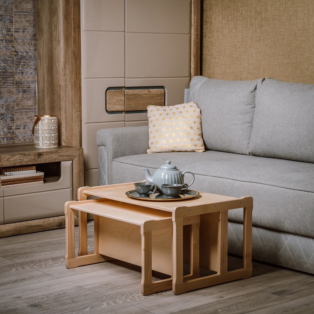 This coffee table is included in the stackable furniture since it can be stacked.
