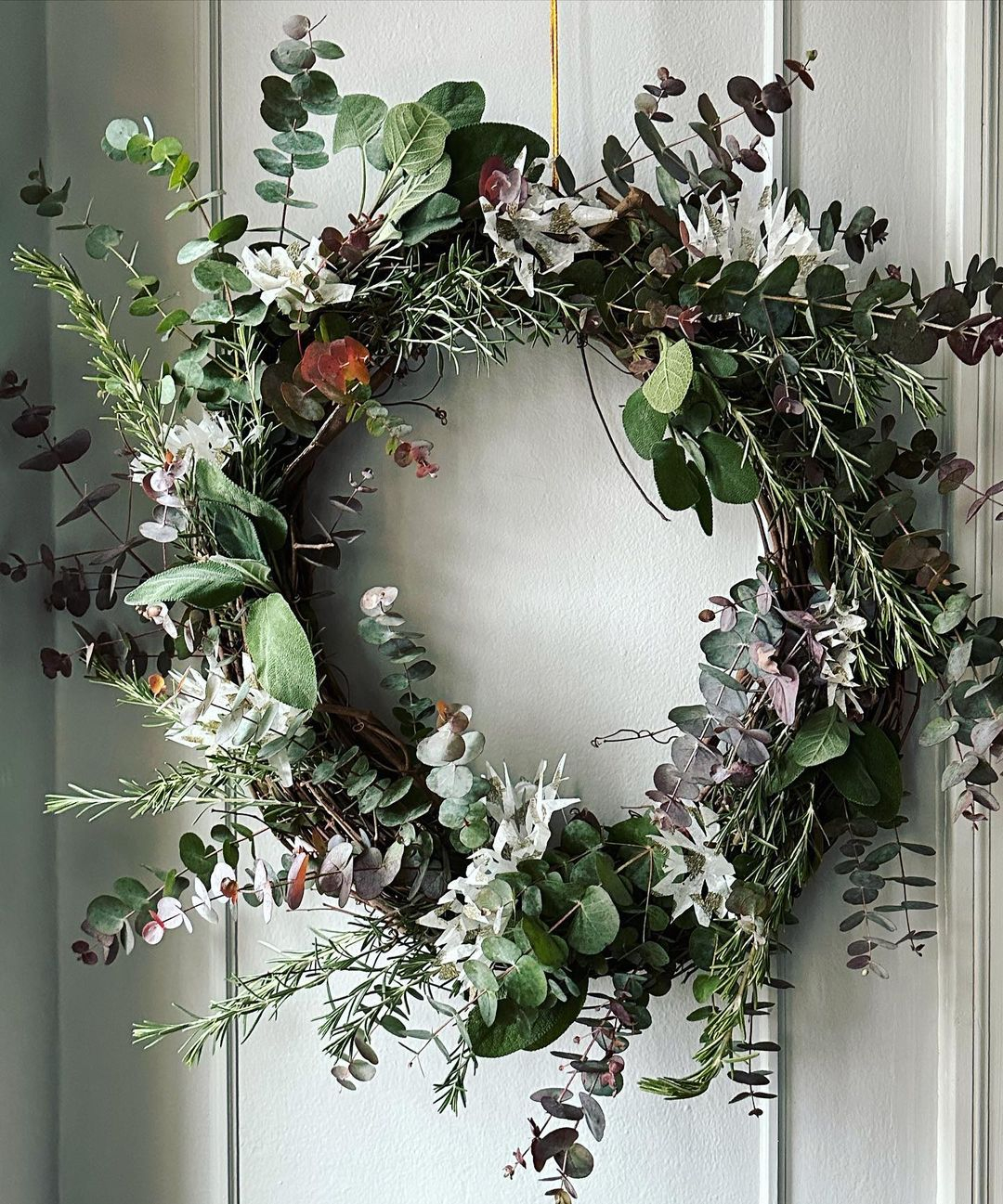 Varied herbs are combined in this wreath. There are eucalyptus, rosemary, and sage that will create such a great smell.