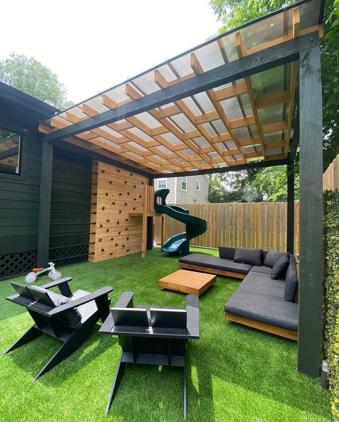 There is a slide and wall climbing installed for the kids.