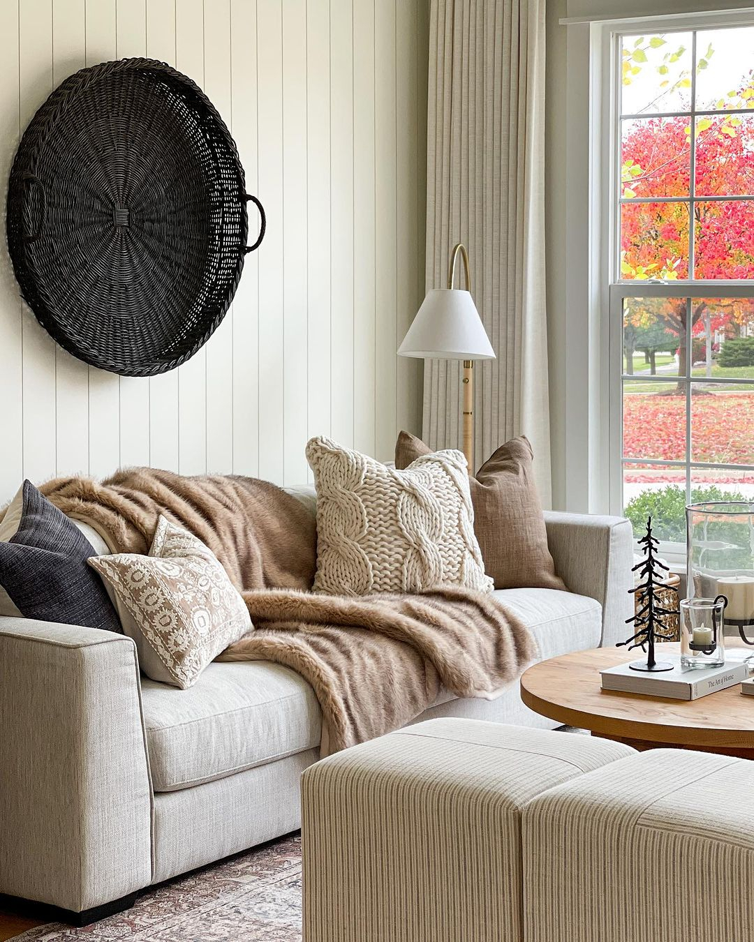 Layered throw pillows and blankets