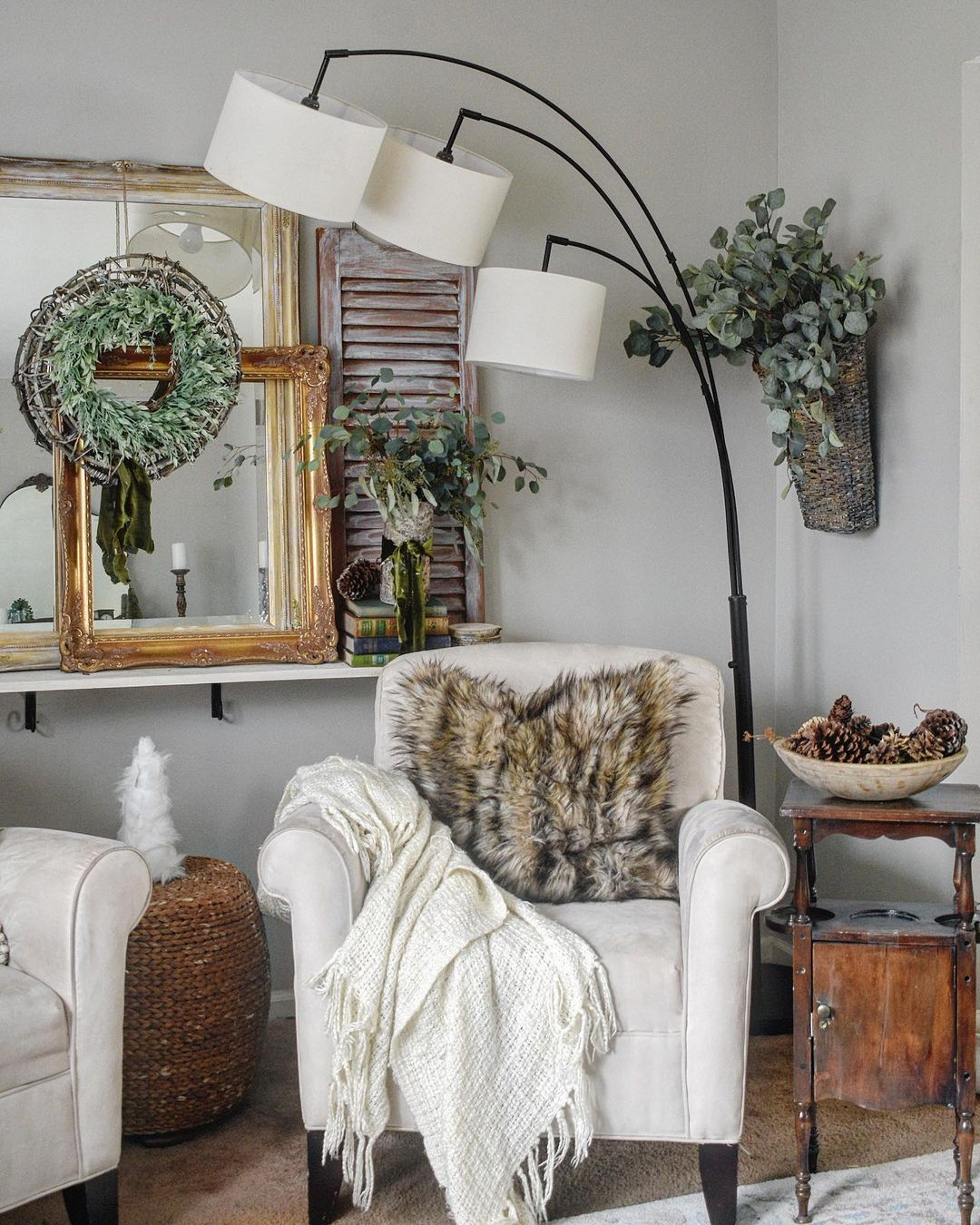 Wool throw and faux fur cushion