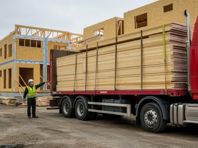 Man directs truck delivering siding