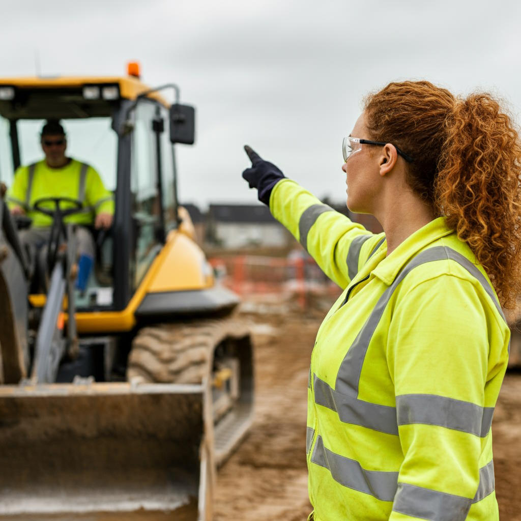 Woman in hi-vis directs bulldozer operator