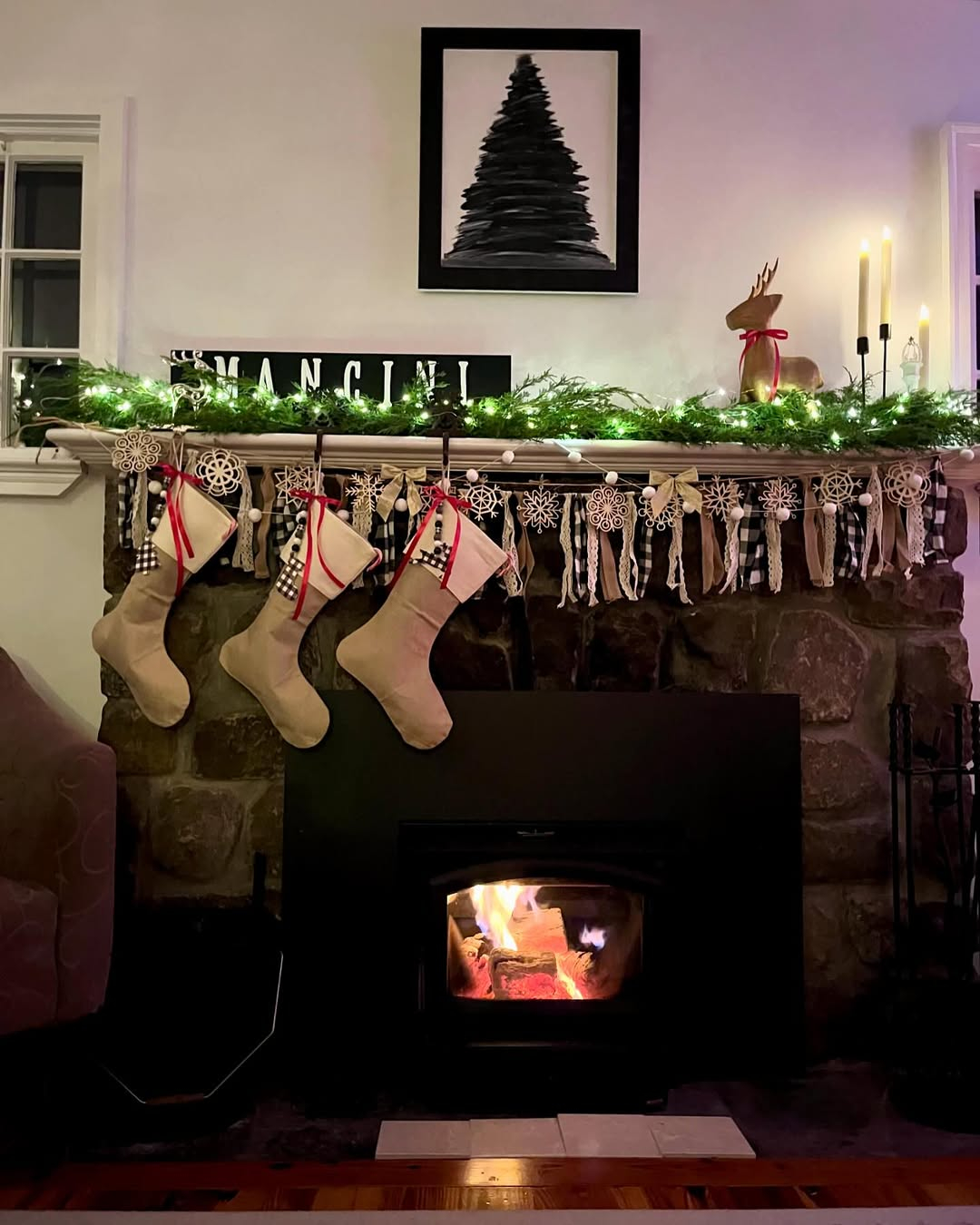 Christmas mantel and fireplace